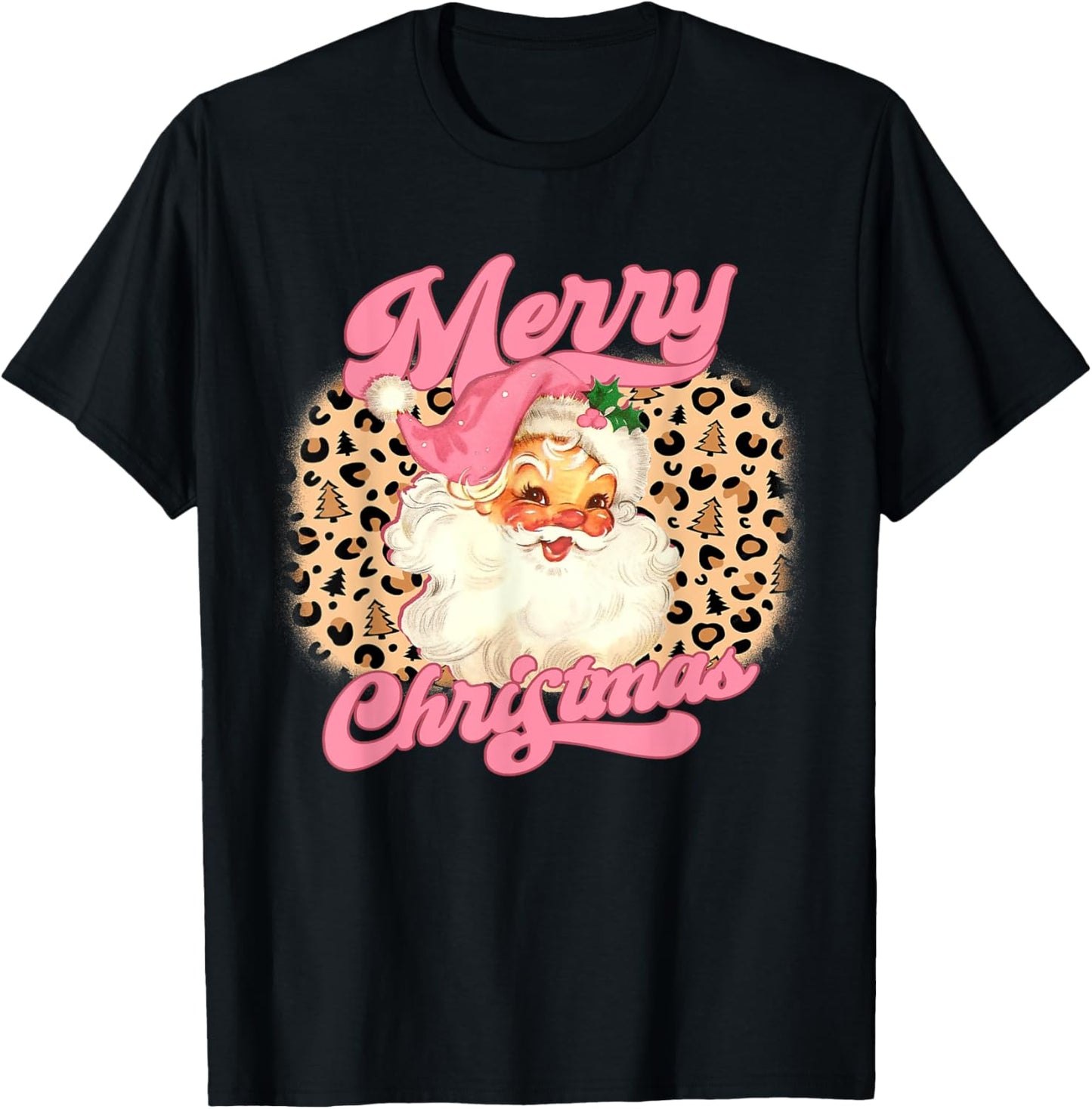 Merry Christmas Pink Santa Claus Leopard Print Women Girls T-Shirt - T-Shirt | Black