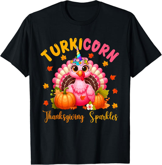 Turkicorn Thanksgiving Sparkles Cute Turkey Unicorn Floral T-Shirt - T-Shirt | Black