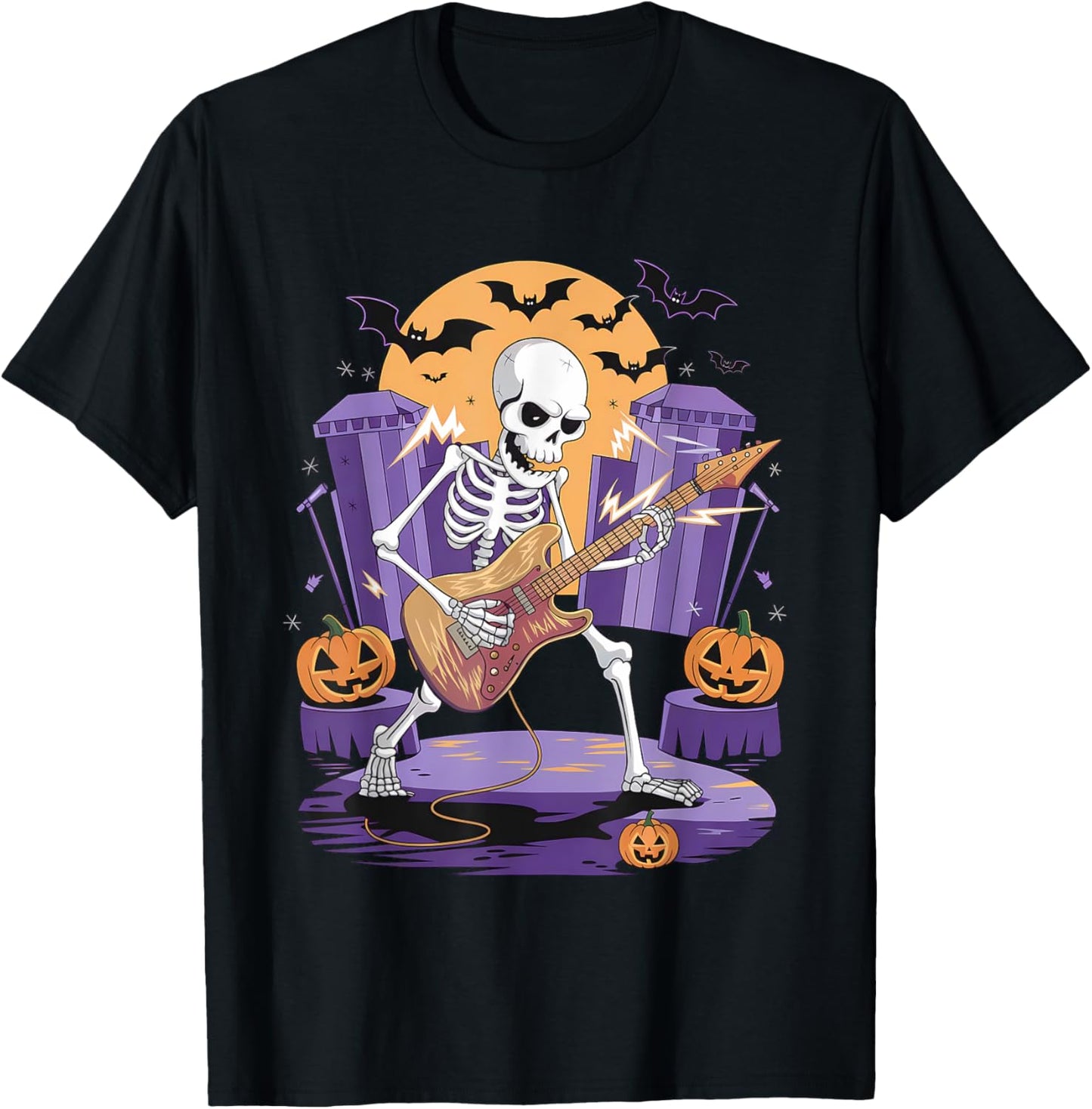Halloween Rock Roll Rockers Skeleton Playing Electric Guitar T-Shirt - T-Shirt | Black