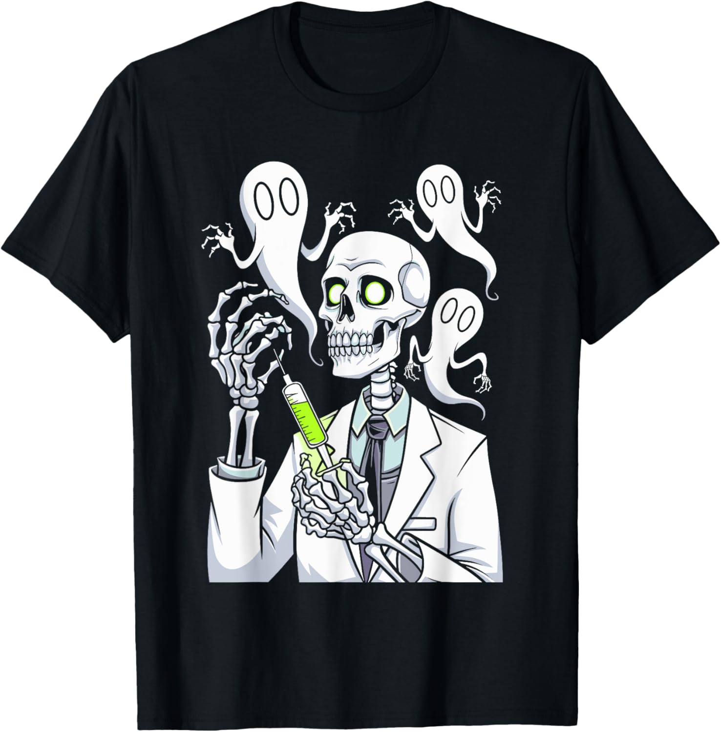 Funny Skeleton Medical Staff Doctor Syringe Spooky Halloween T-Shirt - T-Shirt | Black