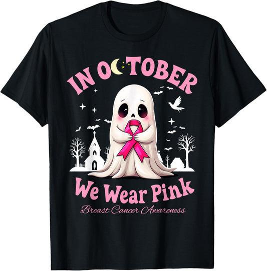 In October We Wear Pink Cute Ghost Breast Cancer T-Shirt - T-Shirt | Black