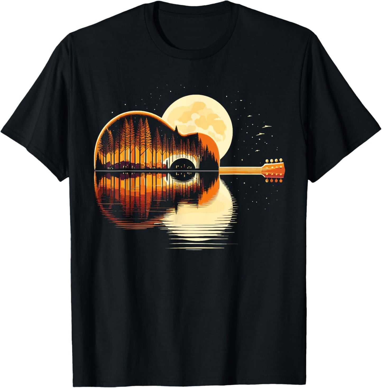 Guitar Nature Moon Retro Guitarist Acoustic T-Shirt - T-Shirt | Black