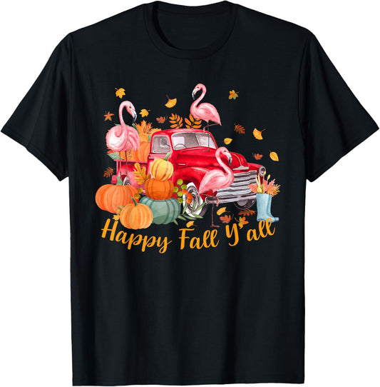 Cute Happy Fall Y'all Flamingo Pumpkin Truck Girls Kids T-Shirt - T-Shirt | Black