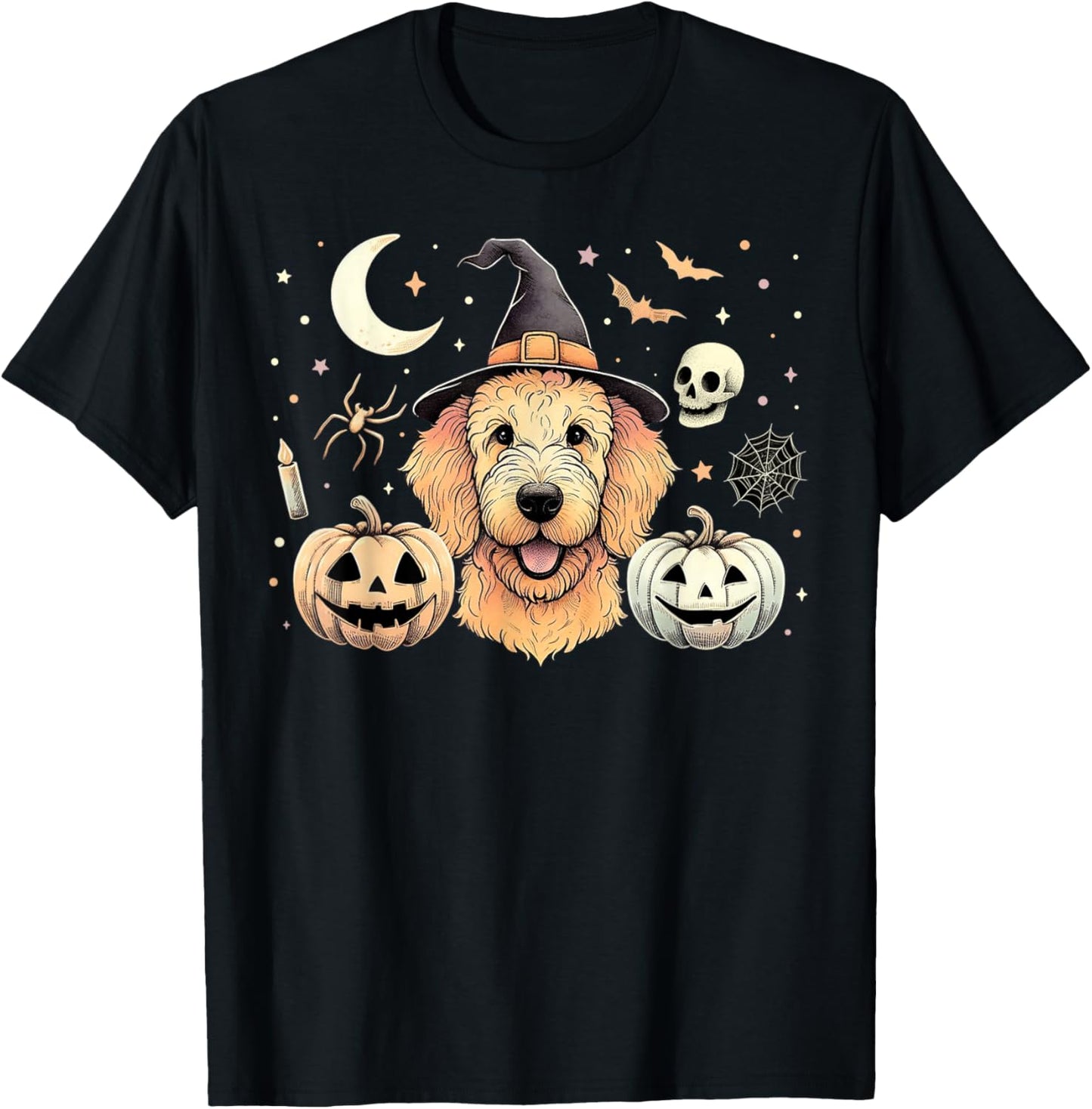 Halloween Goldendoodle and Pumpkins Bats Moon Spooky Holiday T-Shirt - T-Shirt | Black