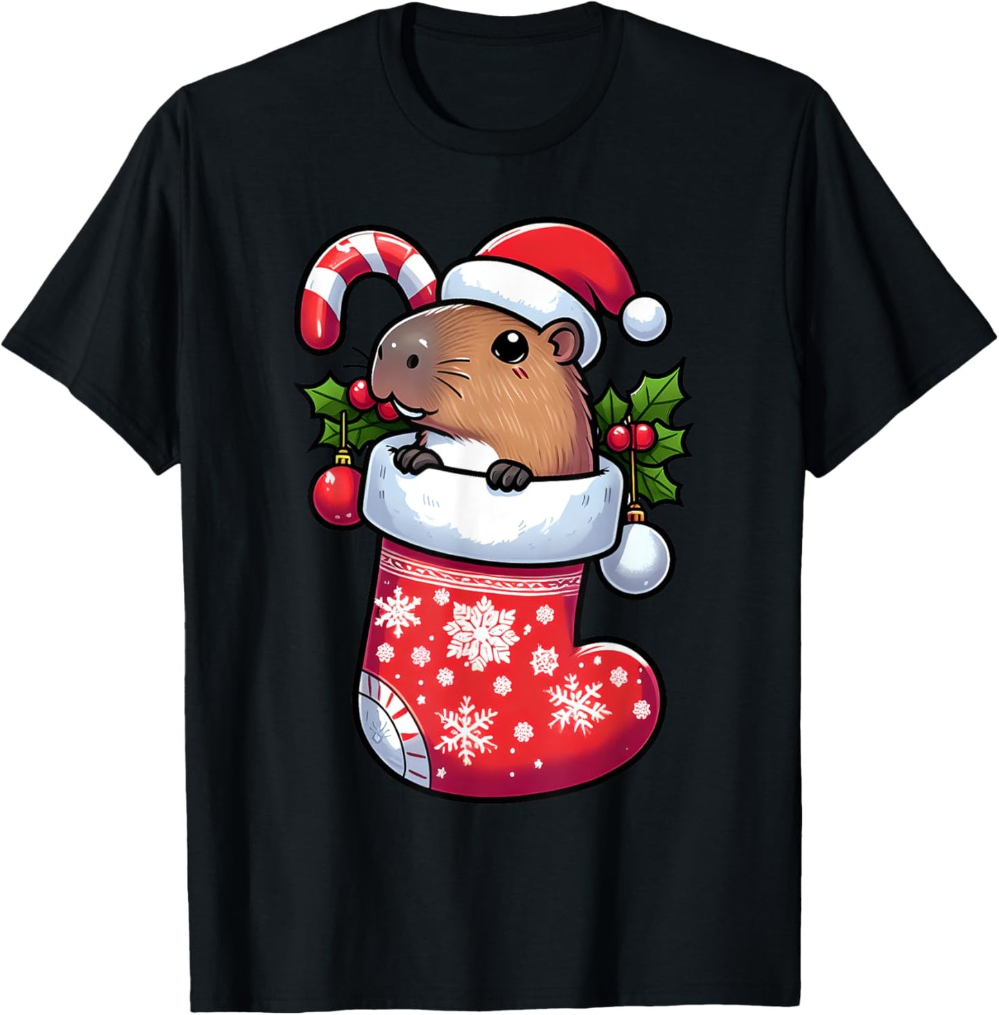 Capybara in Christmas Stocking Candy Cane Santa Hat Pajama T-Shirt - T-Shirt | Black