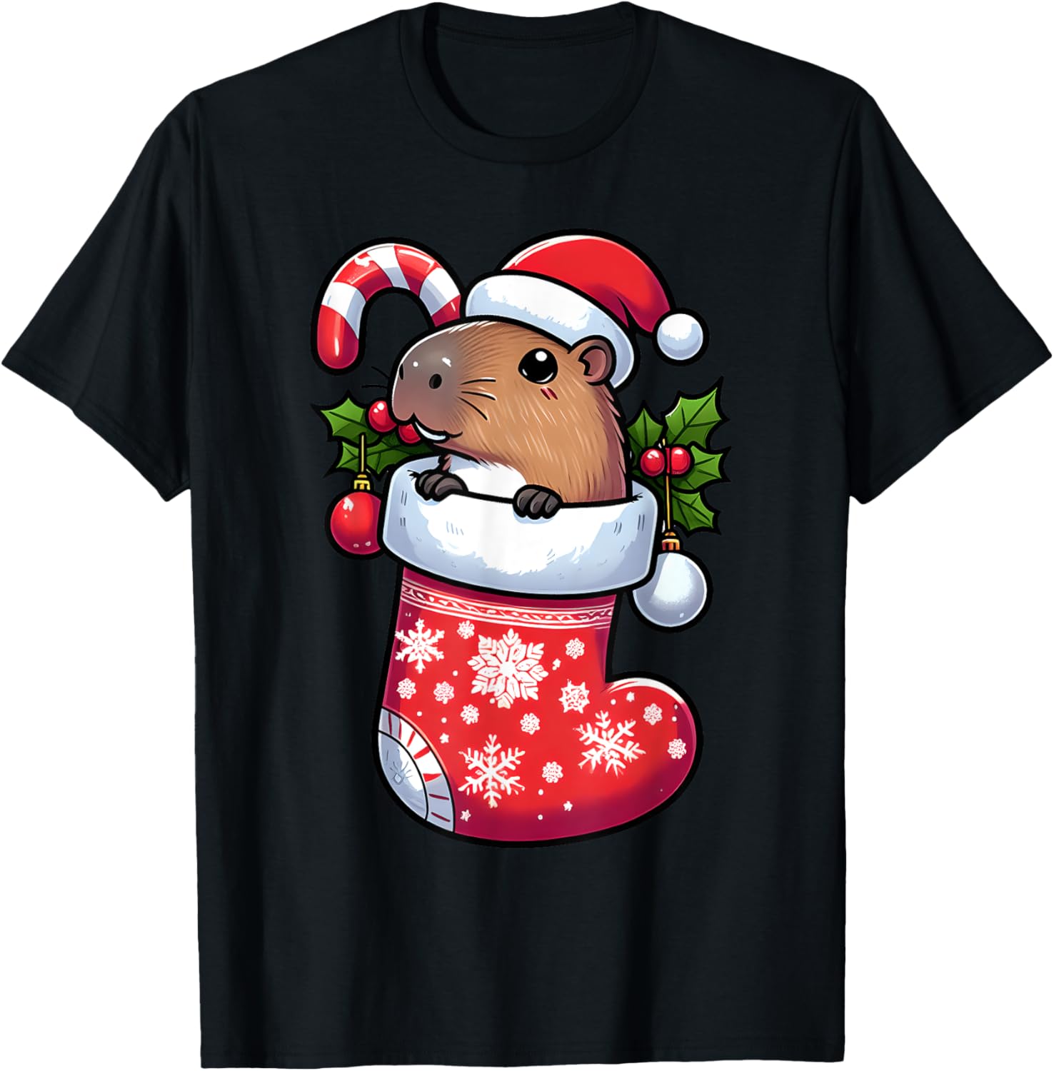 Capybara in Christmas Stocking Candy Cane Santa Hat Pajama T-Shirt - T-Shirt | Black