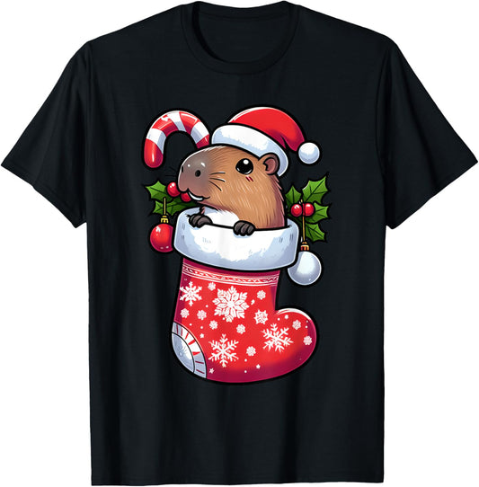 Capybara in Christmas Stocking Candy Cane Santa Hat Pajama T-Shirt - T-Shirt | Black