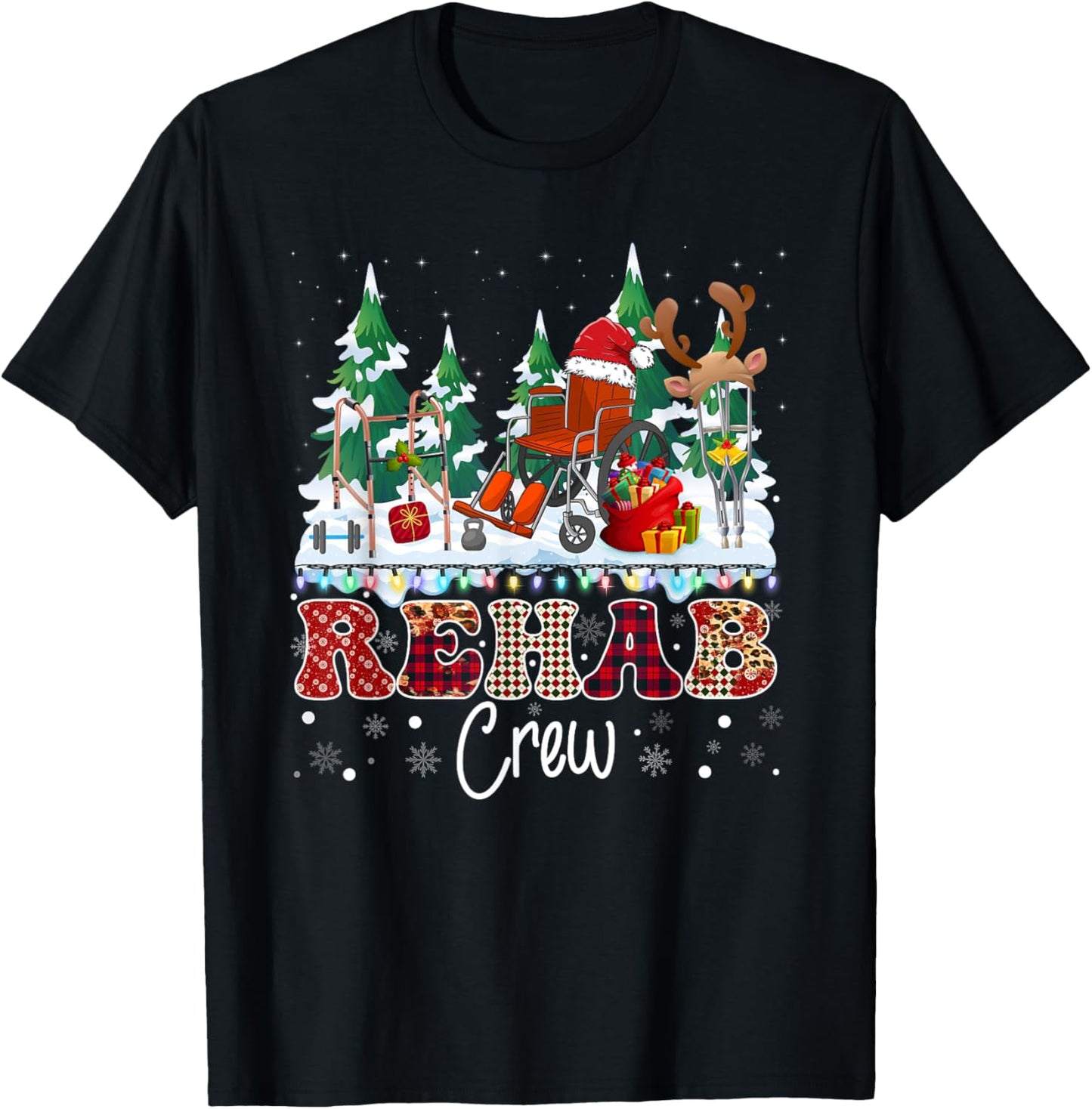 Rehab Crew Wheelchair Santa Hat Reindeer Christmas Tree T-Shirt - T-Shirt | Black