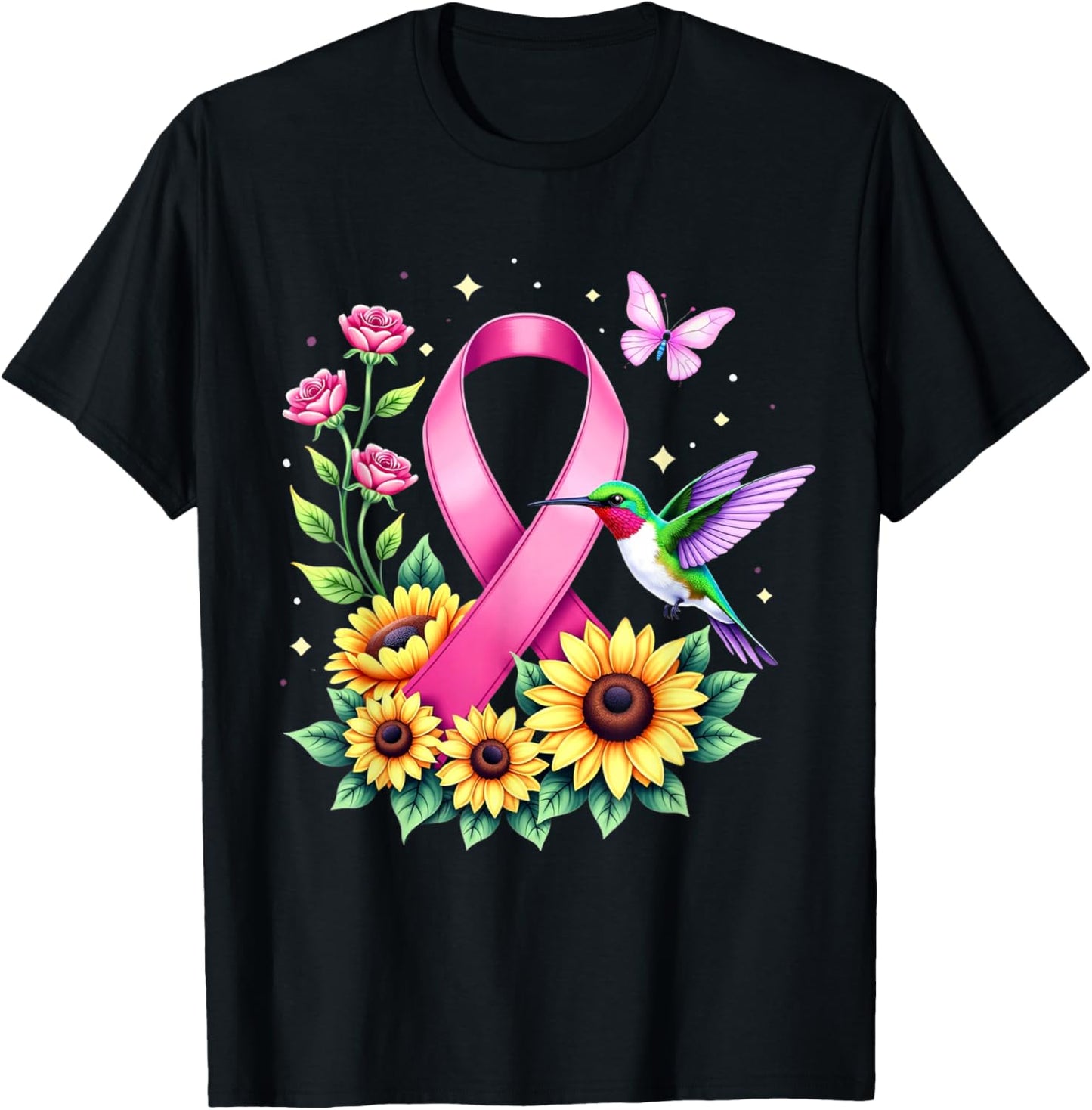 Hummingbird Sunflower Pink Ribbon Breast Cancer Awareness T-Shirt - T-Shirt | Black