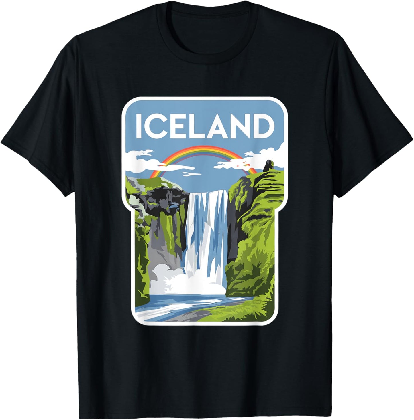 Iceland Waterfall and Rainbow Graphic for Nature Lovers T-Shirt - T-Shirt | Black