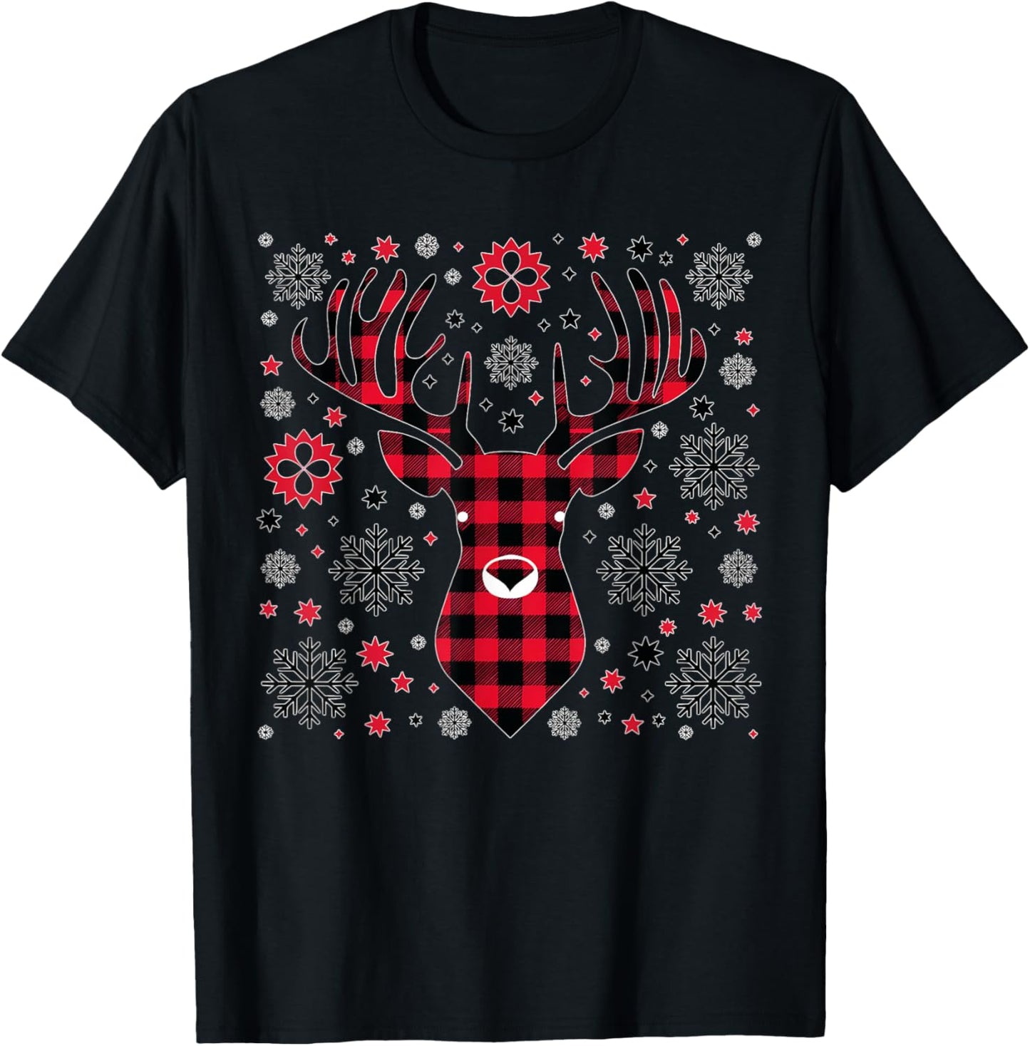 Pajamas Red& Black Plaid Flannel Christmas Reindeer Lovers T-Shirt - T-Shirt | Black