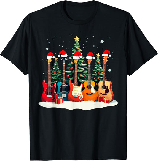 Santa Guitars Acoustic Bass Music Guitar Player Christmas T-Shirt - T-Shirt | Black