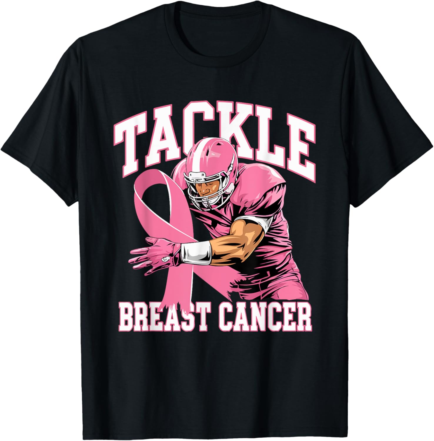 Tackle Breast Cancer Pink Ribbon American Fantasy Football T-Shirt - T-Shirt | Black