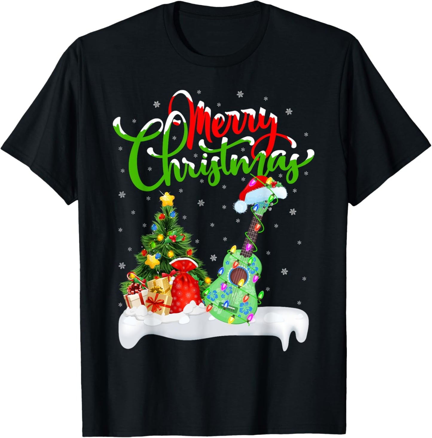 Xmas Tree Lights Santa Hat Musical Ukulele Guitar Christmas T-Shirt - T-Shirt | Black