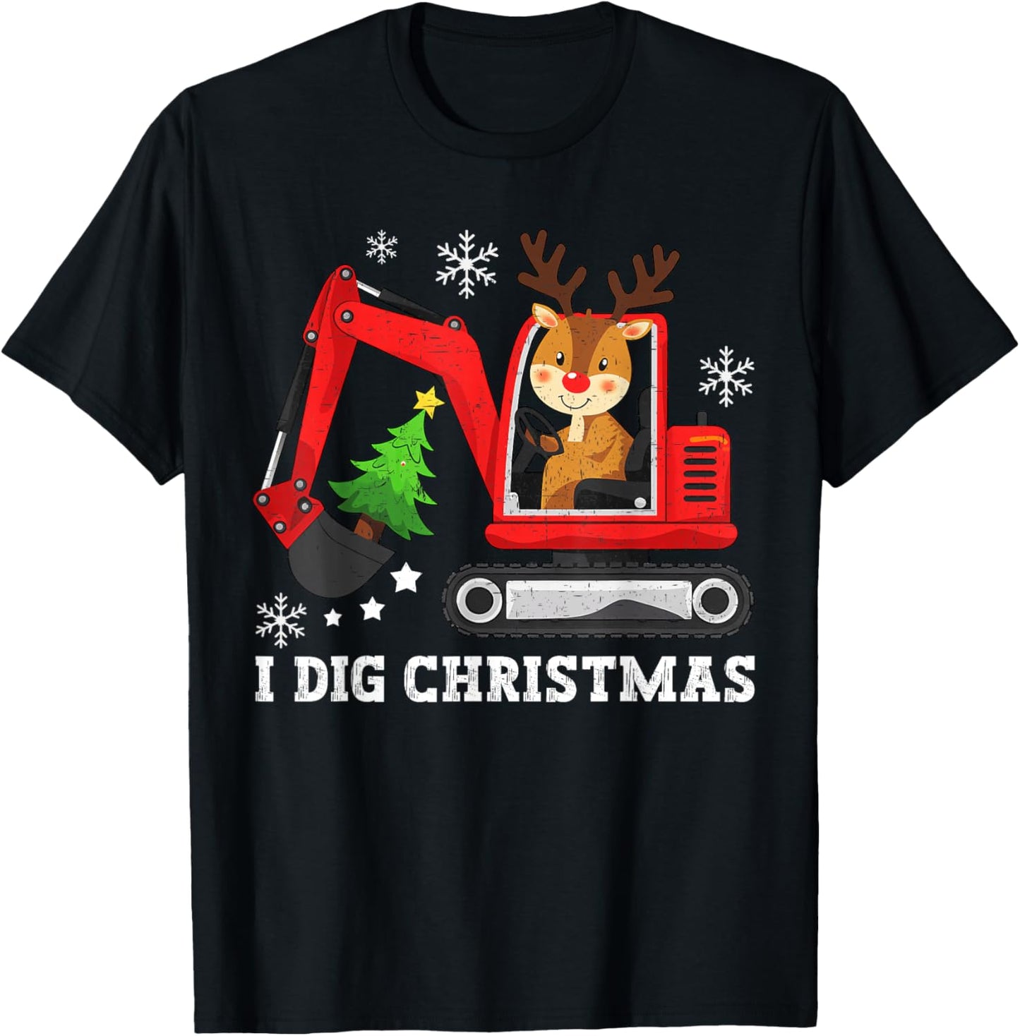Reindeer Dig Christmas Cute Xmas Excavator Kids Boy Toddler T-Shirt - T-Shirt | Black