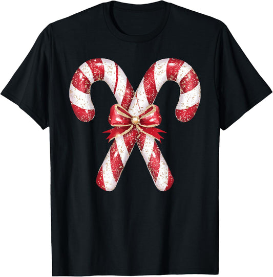 Retro Coquette Bow Candy Cane Christmas Season Girls T-Shirt - T-Shirt | Black