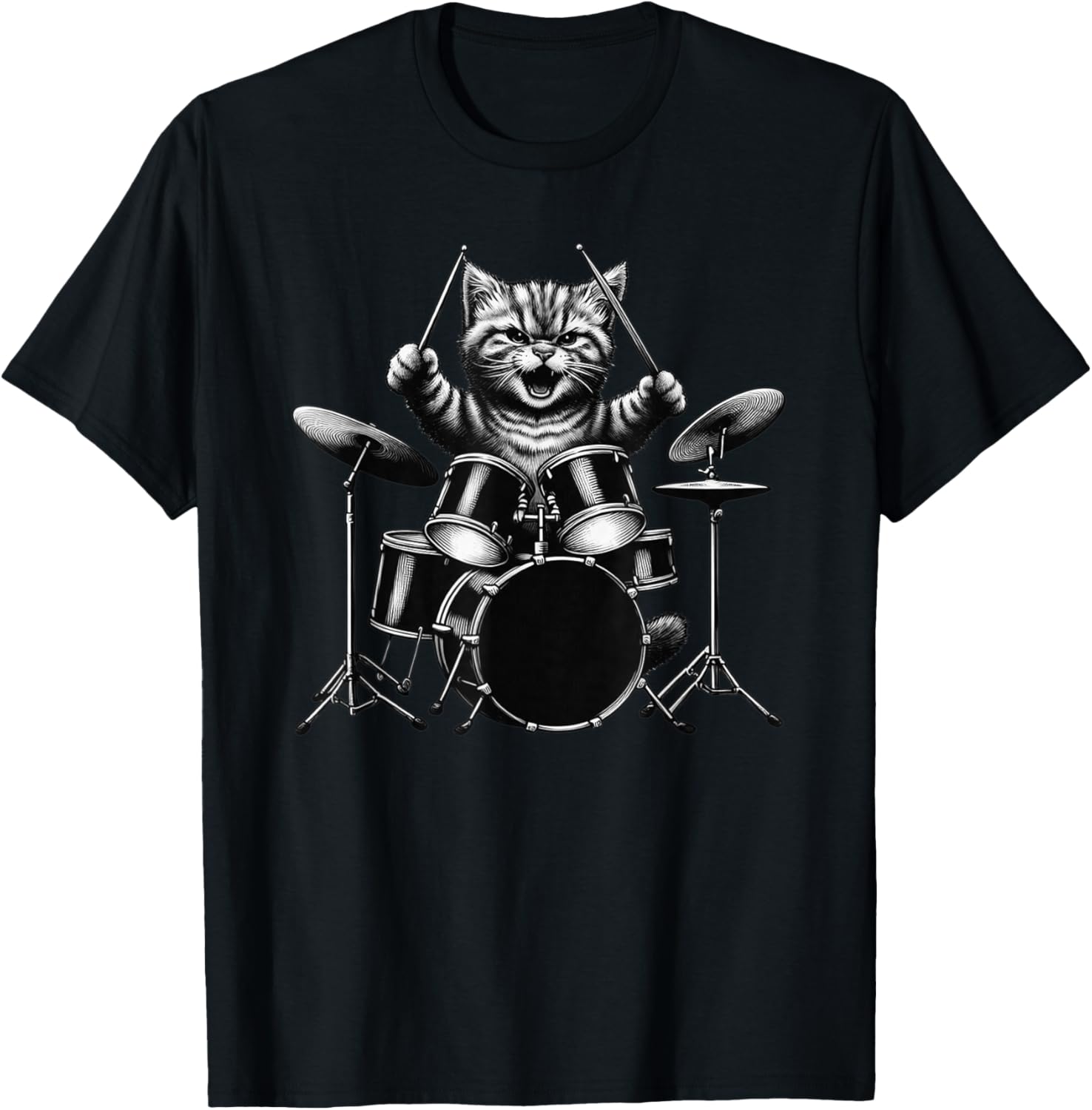Kitten Rock Band Drummer Cat Playing Drums Drumsticks T-Shirt - T-Shirt | Black