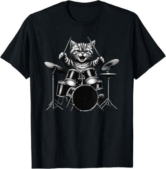 Kitten Rock Band Drummer Cat Playing Drums Drumsticks T-Shirt - T-Shirt | Black