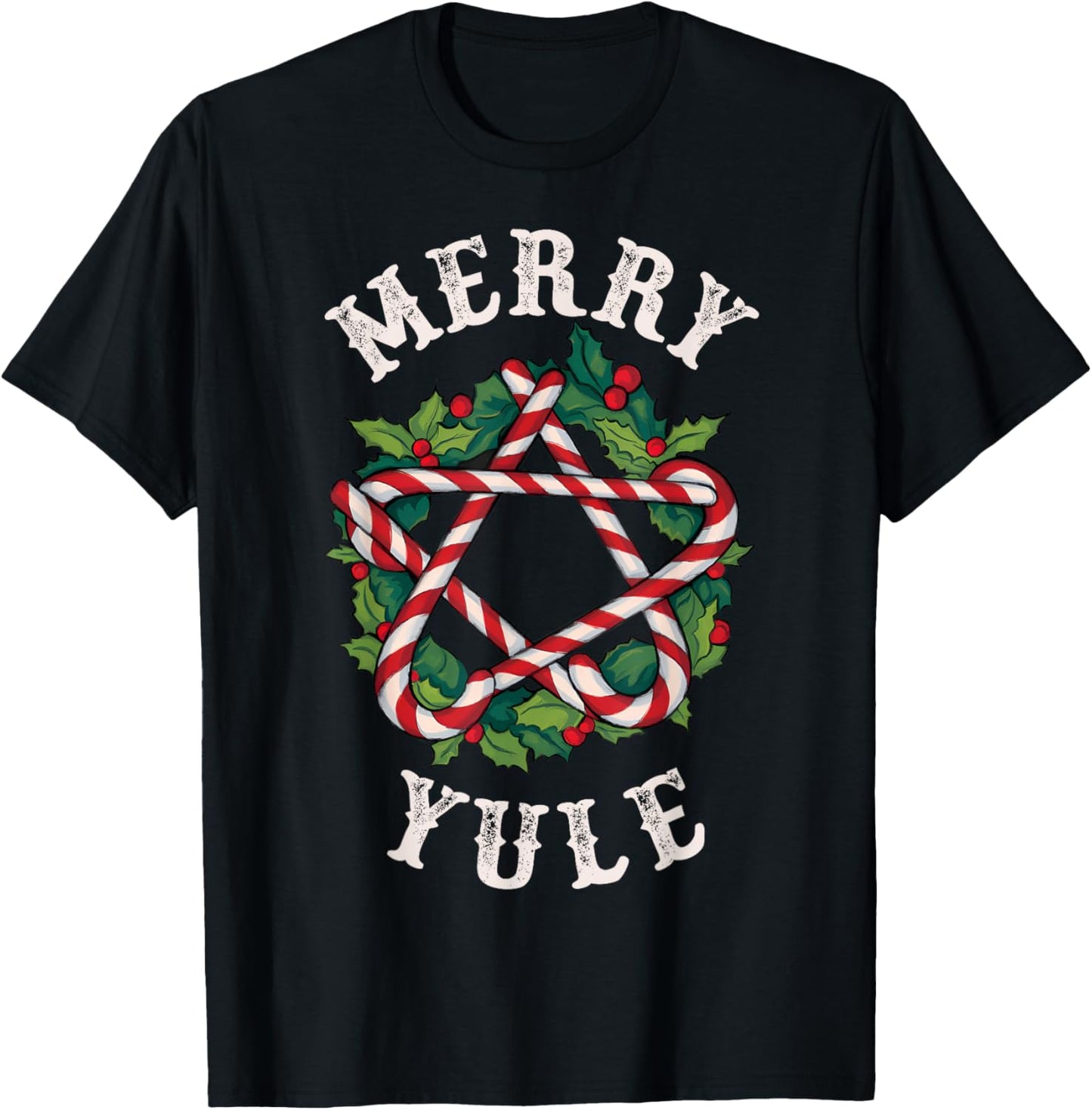 Merry Yule Winter Solstice Holly Christmas Pagan Pentagram T-Shirt - T-Shirt | Black
