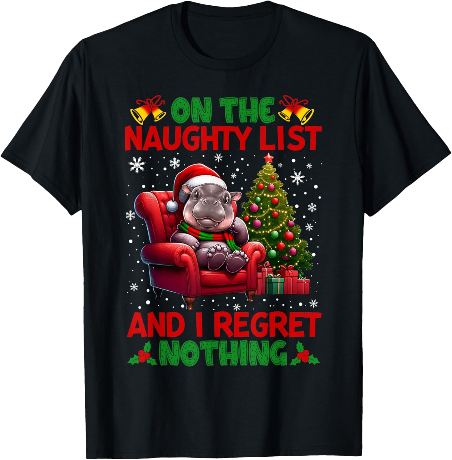 On The List Of Naughty And I Regret Nothing Moo Deng Xmas T-Shirt - T-Shirt | Black