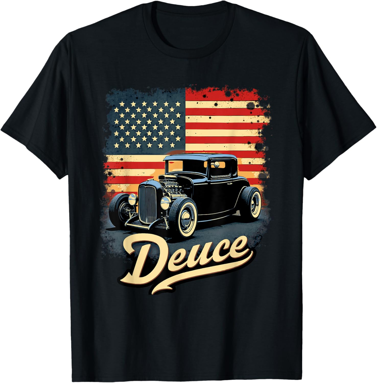 32 Deuce Coupe American Classic Deuce American Flag Hot Rod T-Shirt - T-Shirt | Black