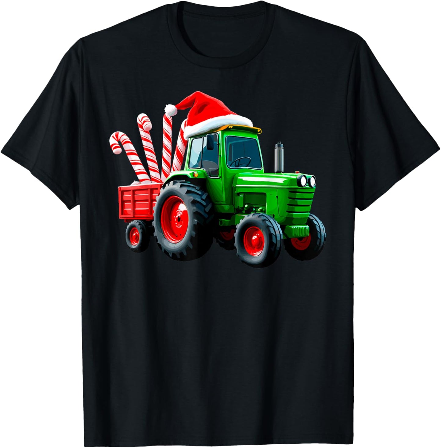 Tractor with Trailer Candy Cane Santa Farm Farmer Christmas T-Shirt - T-Shirt | Black