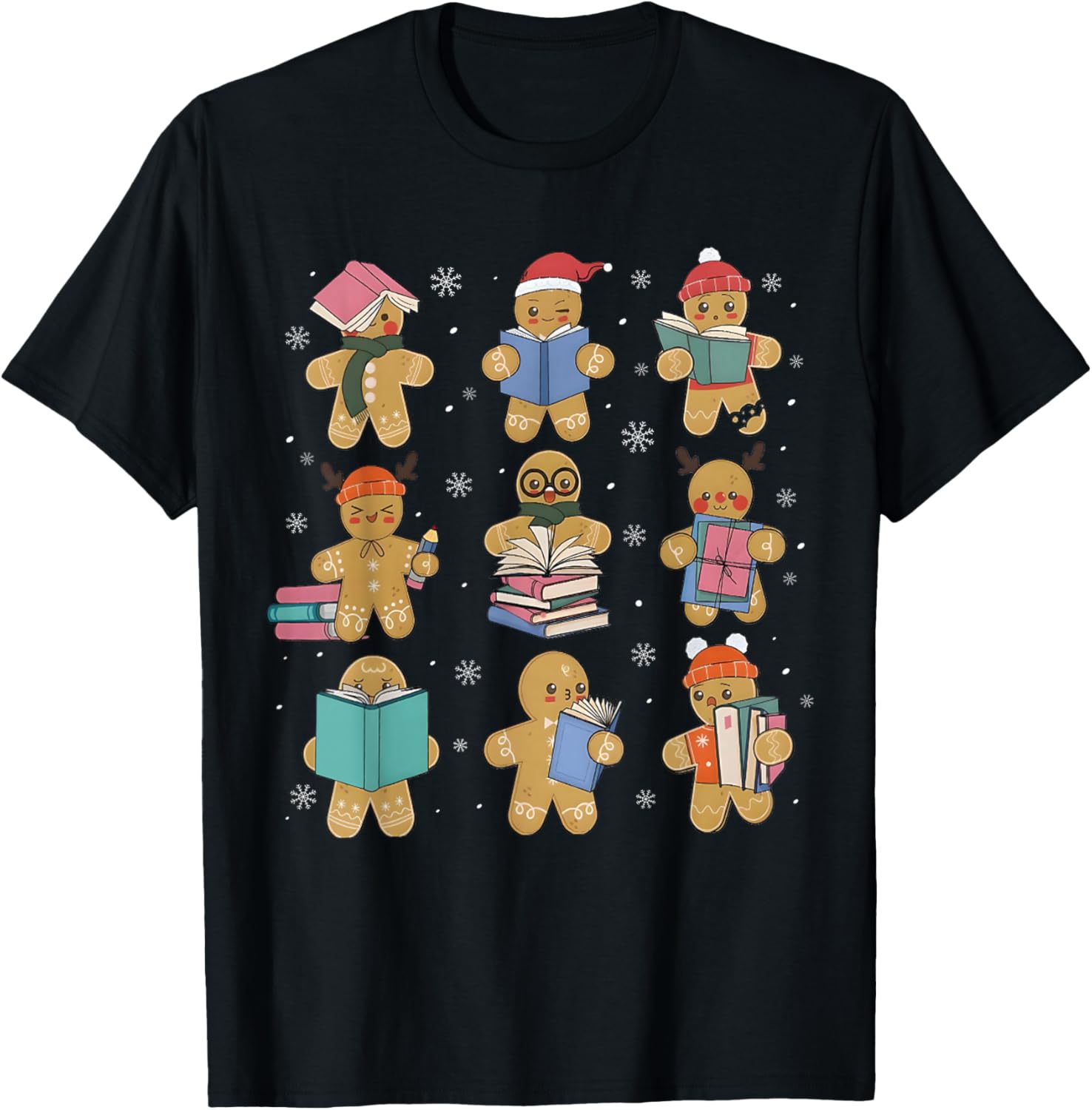 Christmas Library Gingerbread Man Books Lover Bookworm Gifts T-Shirt - T-Shirt | Black