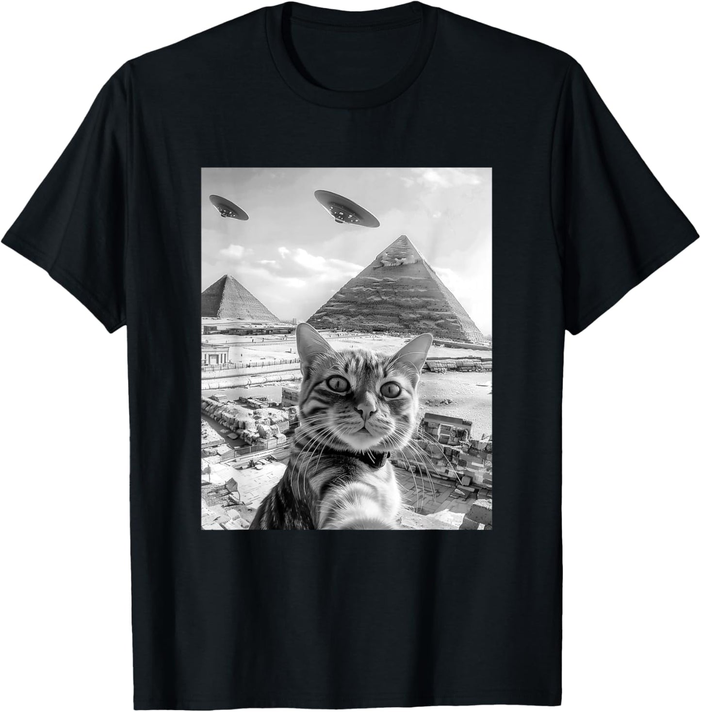 Funny Cat Selfie with Pyramids Alien UFOs Men Women Girls Kids T-Shirt - T-Shirt | Black