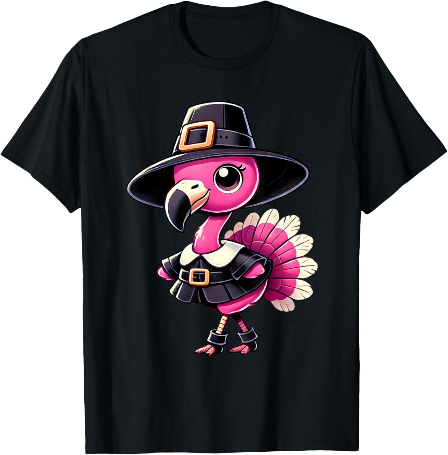 Cute Flamingo Pilgrim Hat Thanksgiving Fall Men Women Kids T-Shirt - T-Shirt | Black