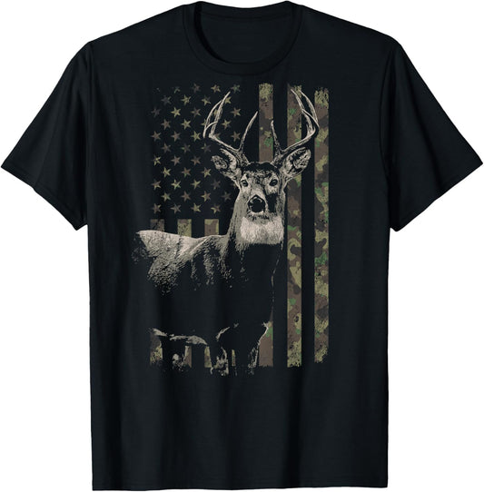 Hunting Camo American Flag Deer Camouflage (Design on Back) T-Shirt - T-Shirt | Black