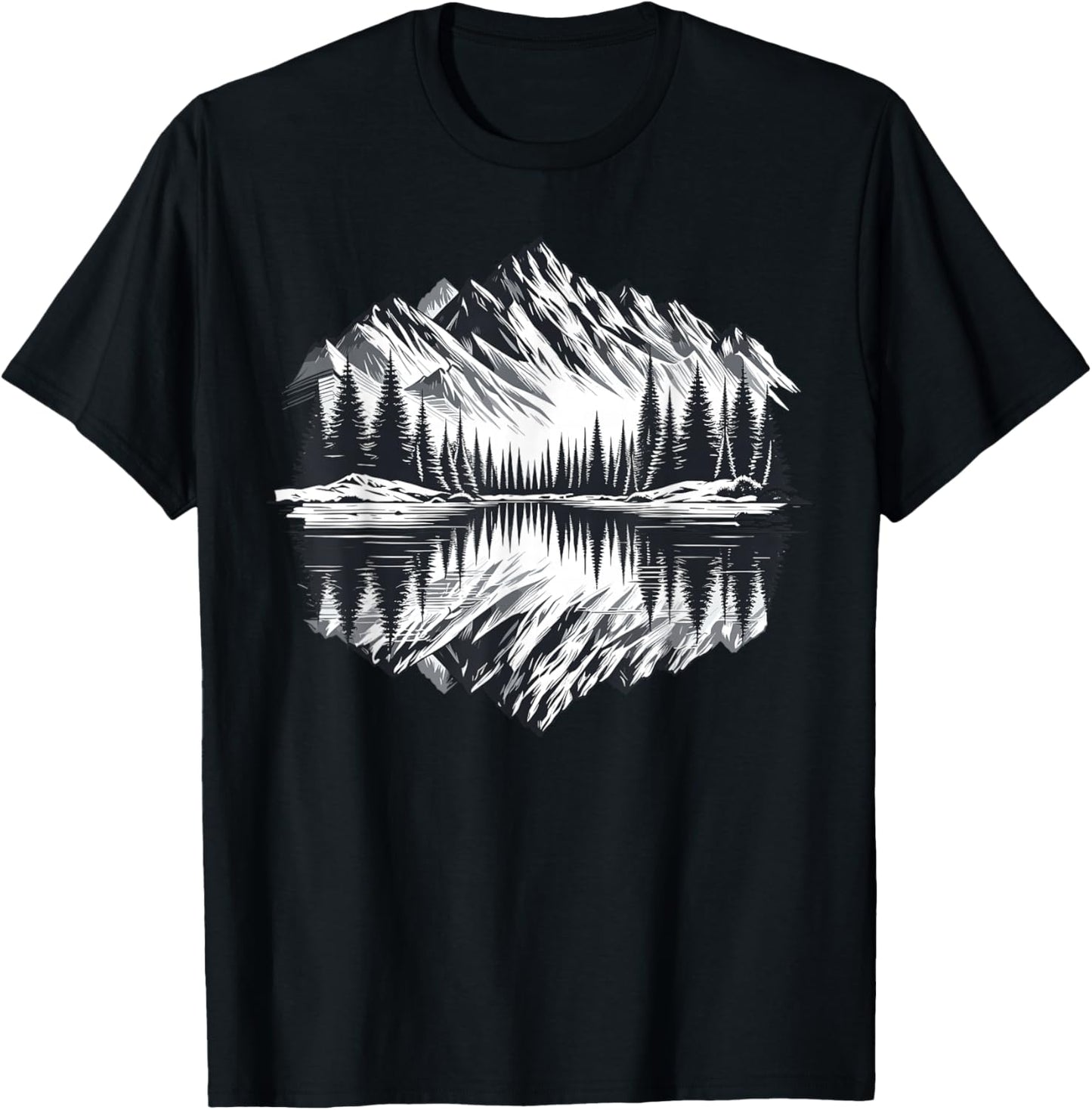 Mountain Landscape Retro Reflection Forest Outdoor Wildlife T-Shirt - T-Shirt | Black