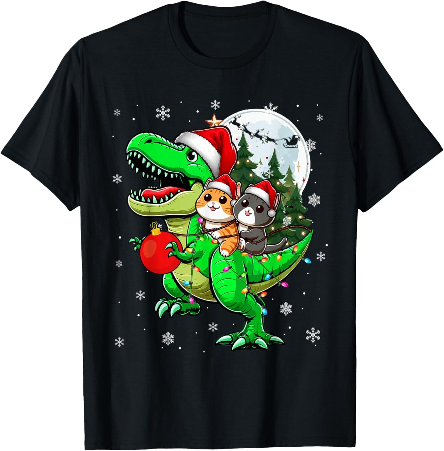 Two Xmas Cats Riding T-Rex Reindeer Lover Kids T-Shirt - T-Shirt | Black
