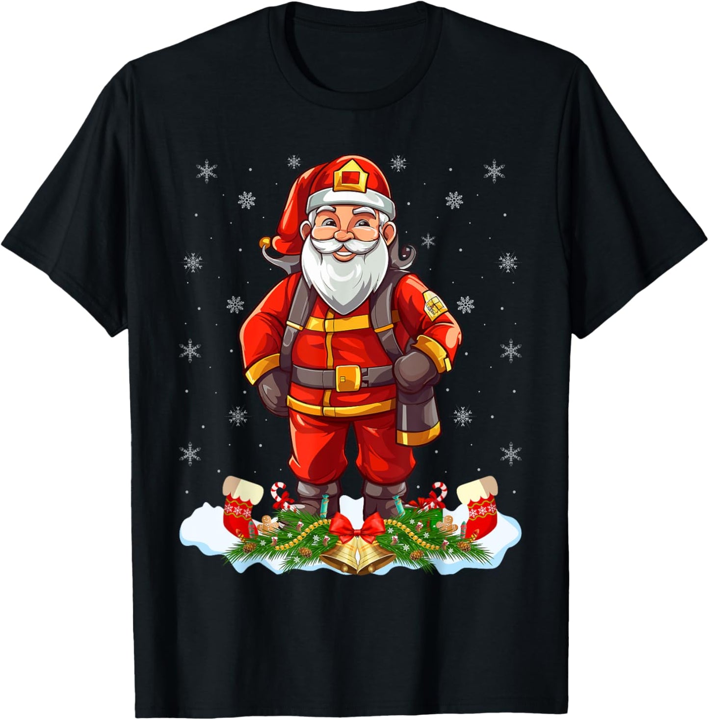 Funny Fireman Costume Santa Claus Firefighter Christmas T-Shirt - T-Shirt | Black