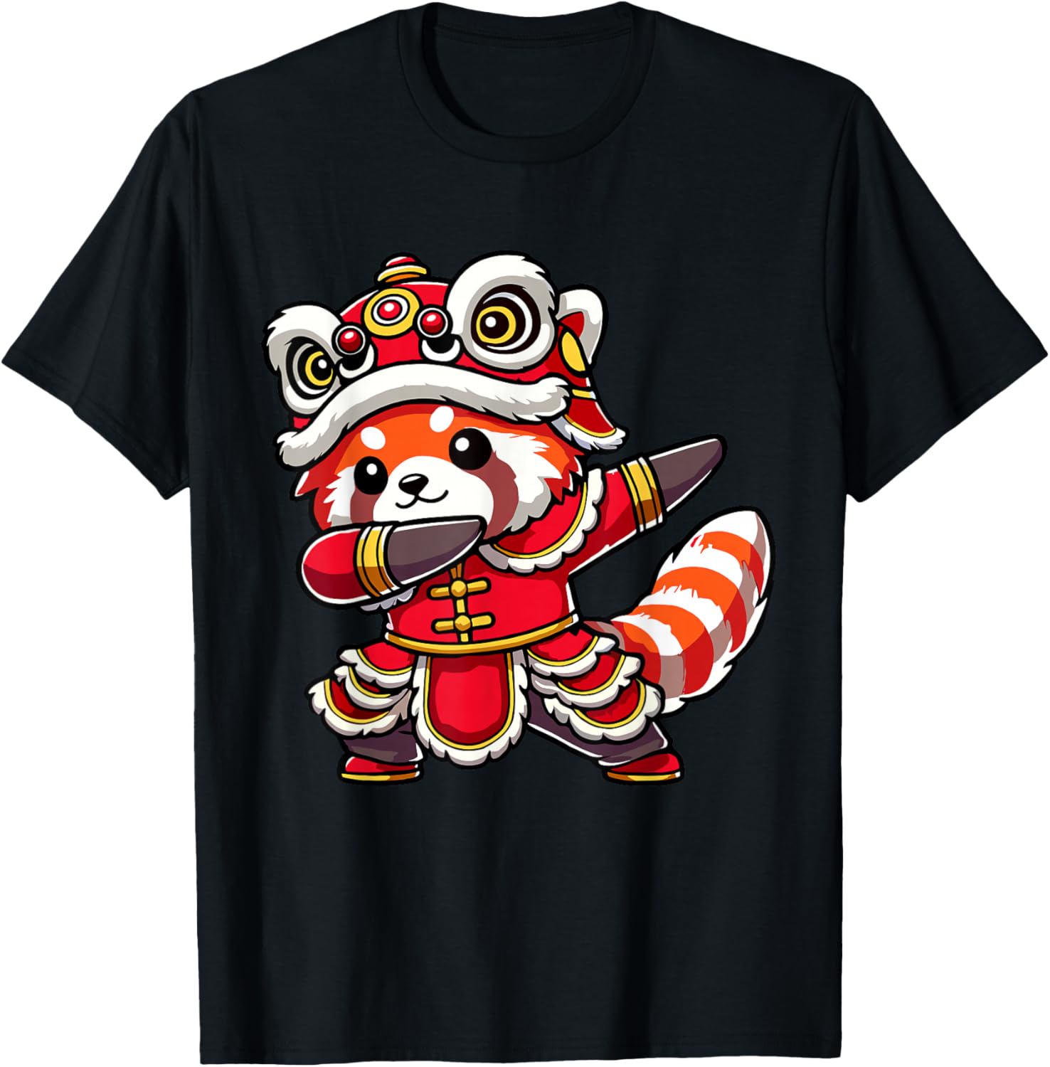 Chinese Lunar New Year 2026 - Dabbing Red Panda Lion Dance T-Shirt - T-Shirt | Black