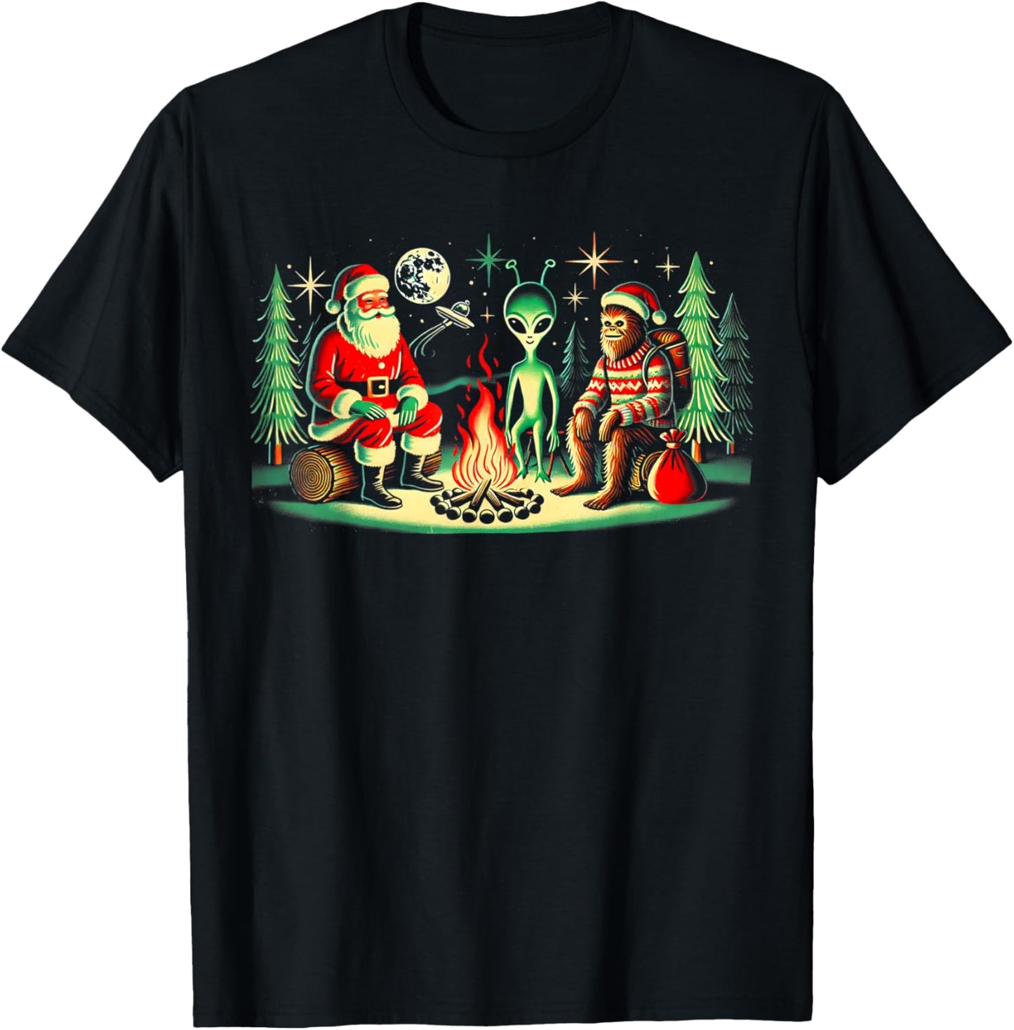 Santa Bigfoot and Alien Sat Around a Fire at Camp, Christmas T-Shirt - T-Shirt | Black