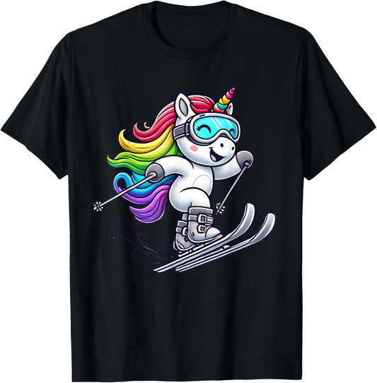 Unicorn Skiing Rainbow Fun For Kids And Adults Cute Unicorn T-Shirt - T-Shirt | Black