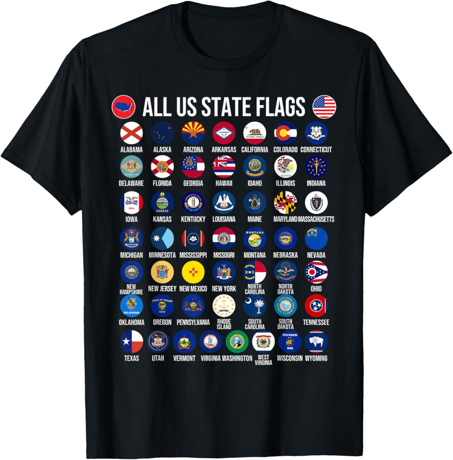 Flags of the U.S. States 50 Flags American Geography T-Shirt - T-Shirt | Black