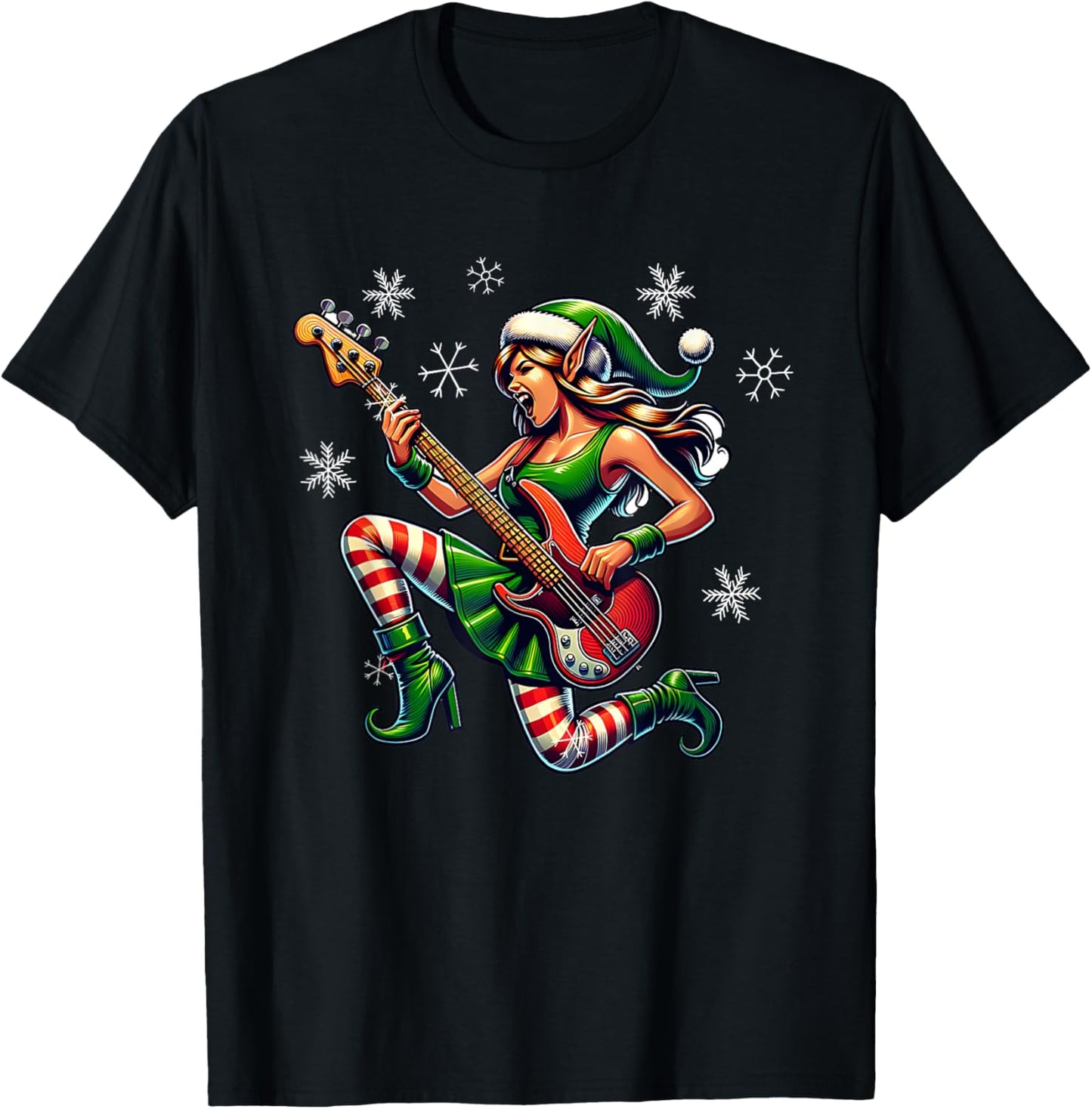 Rock & Roll Christmas Elf Bass-Guitar Bassist Christmas T-Shirt - T-Shirt | Black