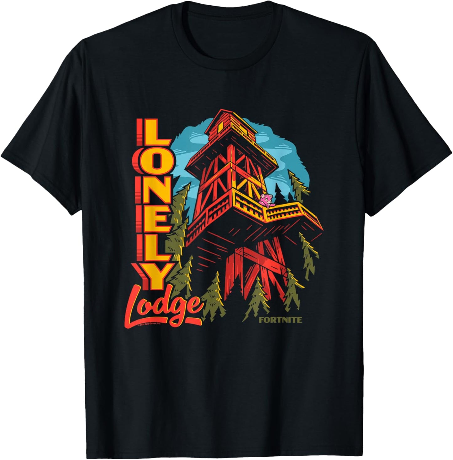 Fortnite Lonely Lodge Forest Vintage Big Chest Poster T-Shirt - T-Shirt | Black
