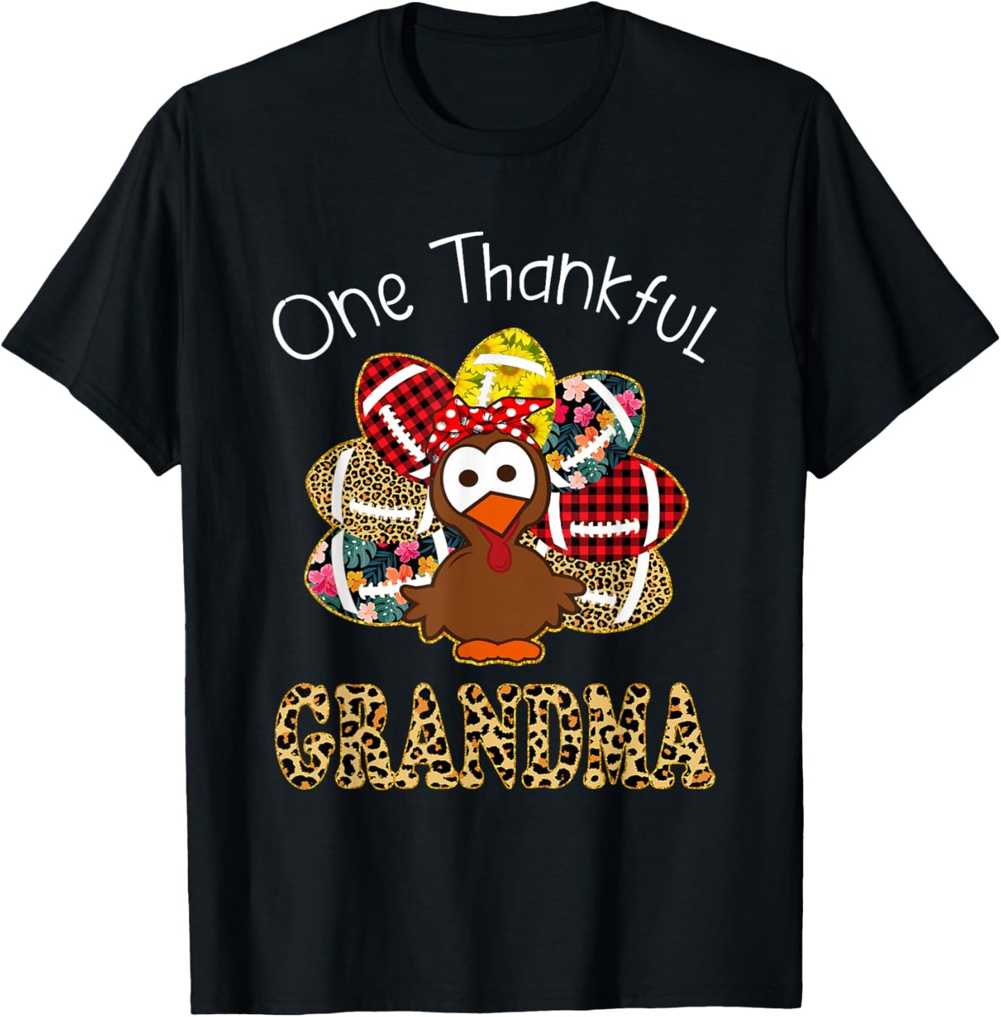 One Thankful Grandma Turkey Leopard Fall Thanksgiving Gift T-Shirt - T-Shirt | Black