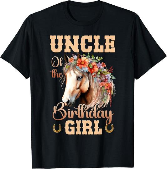 Cute Uncle Of The Birthday Girl Horse Family Party T-Shirt - T-Shirt | Black