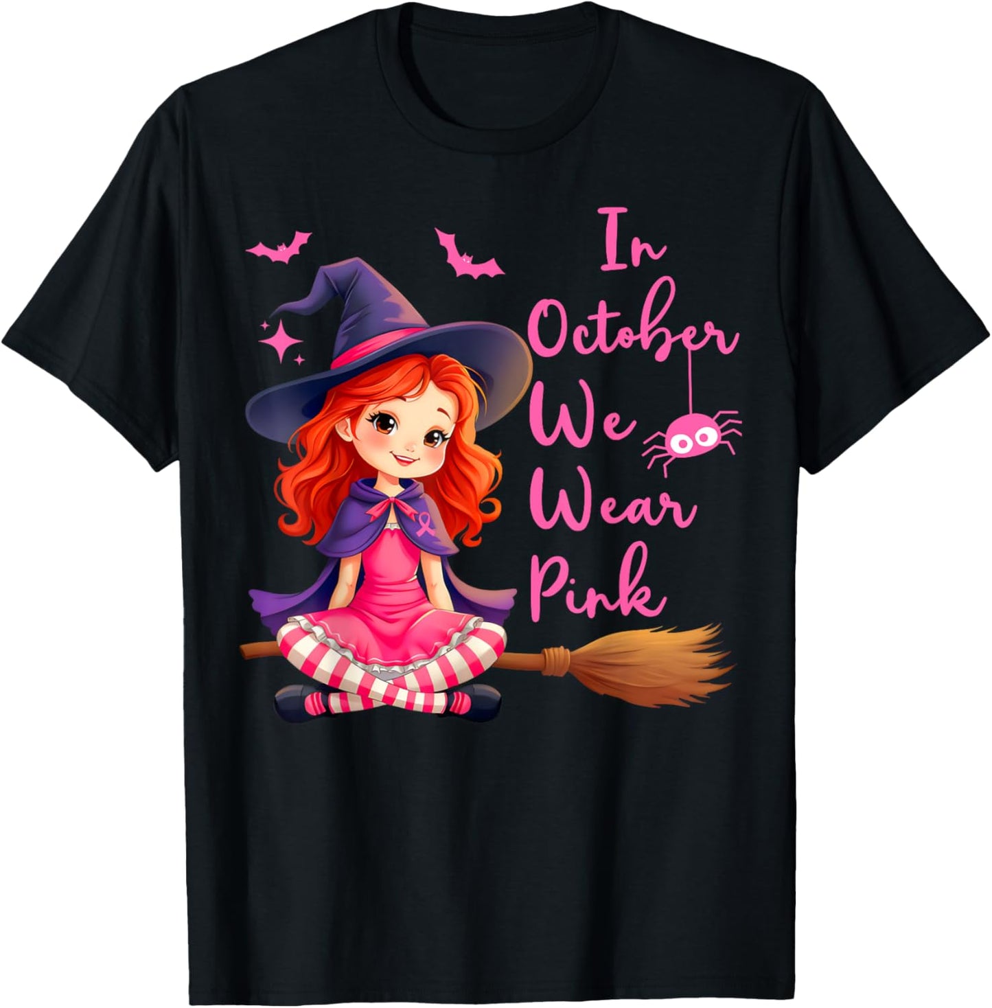 In October We Wear Pink Witch broom Breast Cancer Halloween T-Shirt - T-Shirt | Black