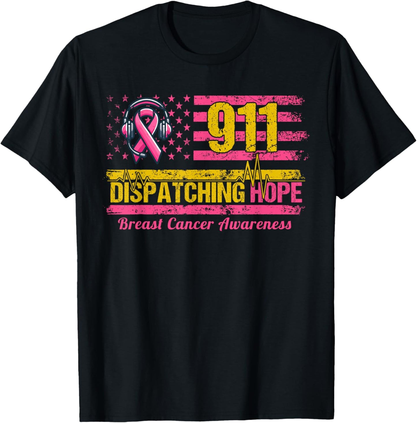 911 Dispatcher Breast Cancer Awareness American Flag T-Shirt - T-Shirt | Black