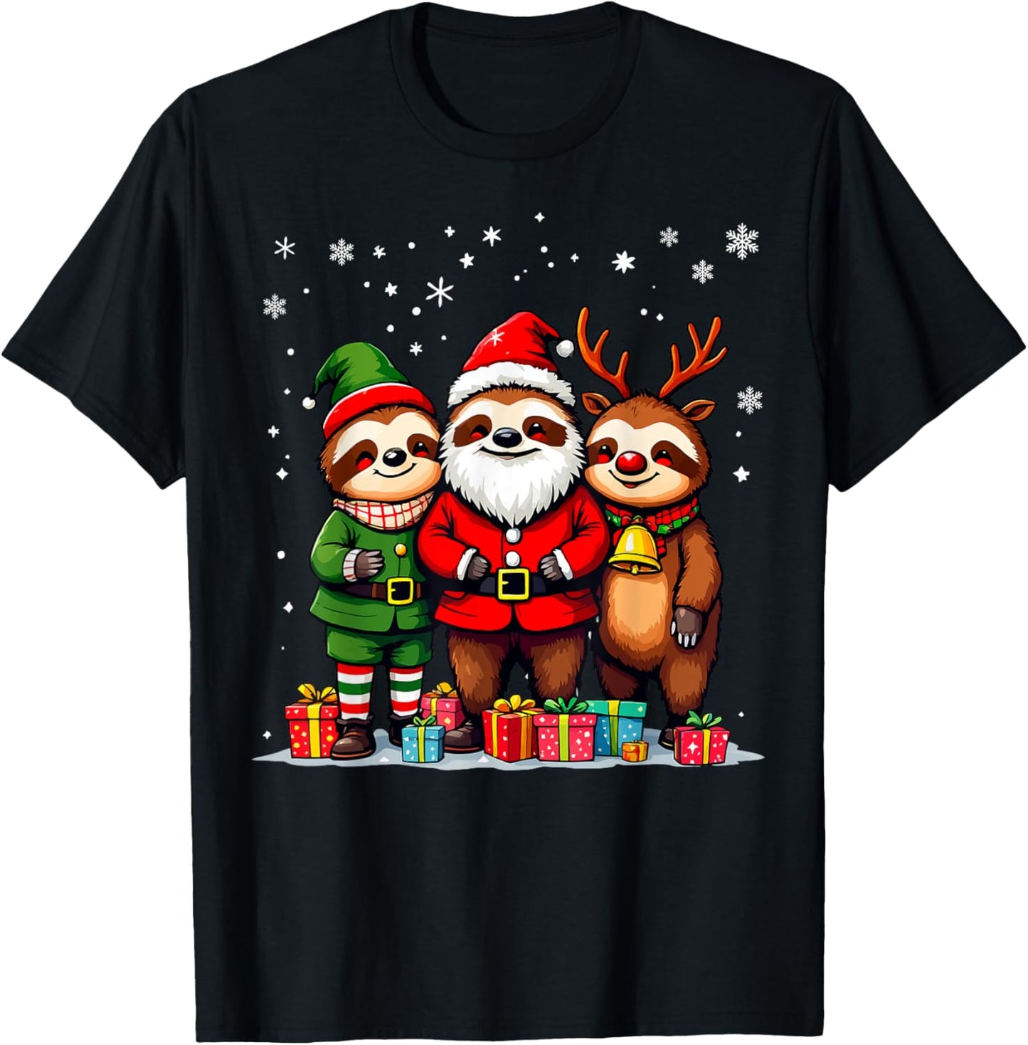 Cute Christmas Sloths in Santa Elf and Reindeer Costumes T-Shirt - T-Shirt | Black
