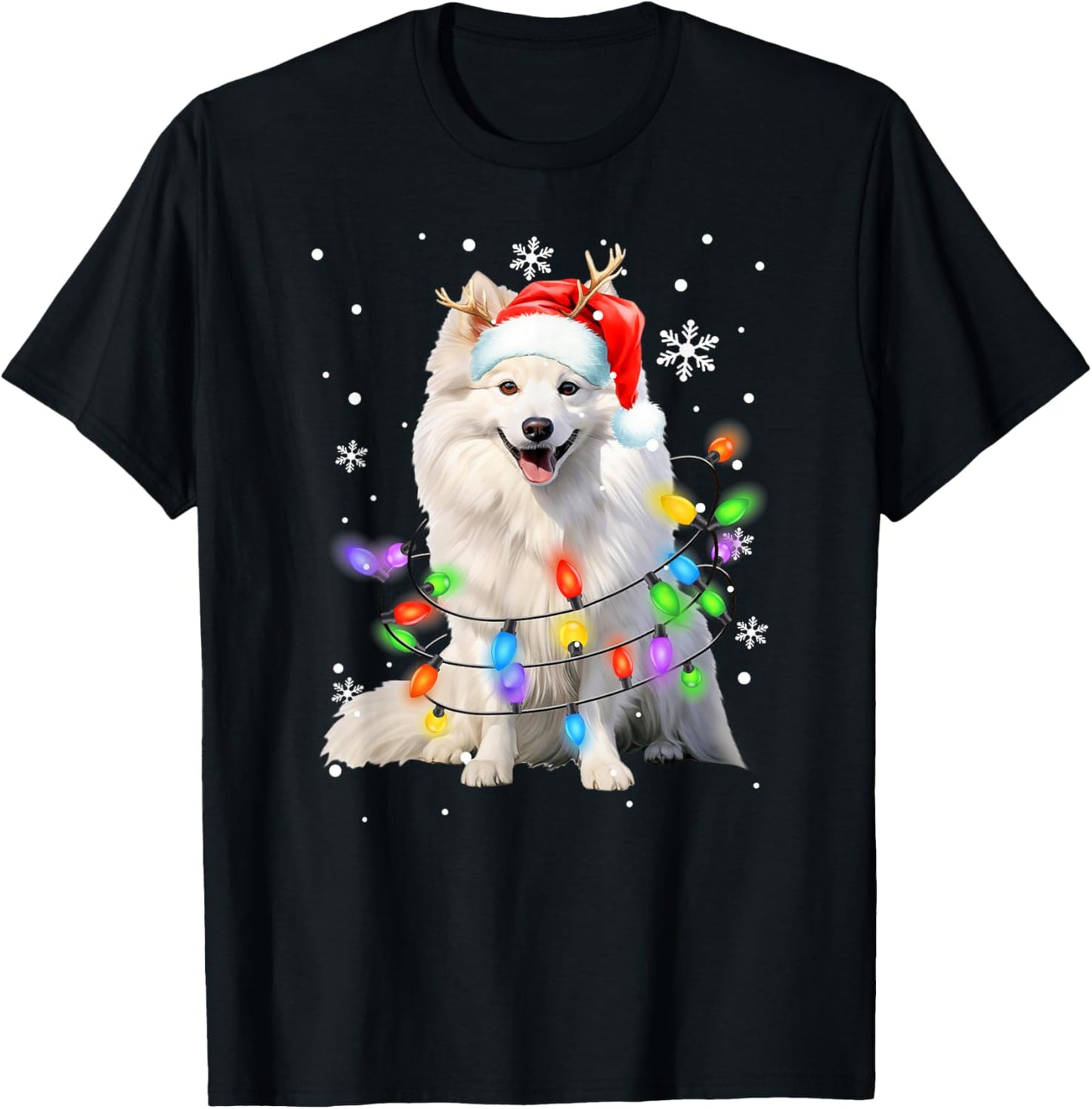 American Eskimo dog Christmas Sweater Dog Xmas Lights Men Women Kids T-Shirt - T-Shirt | Black