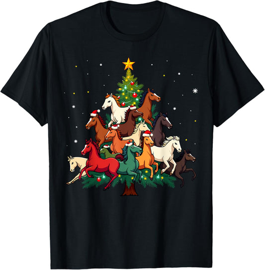 Horse Christmas Tree Funny Steed Holiday Cute Horse T-Shirt - T-Shirt | Black