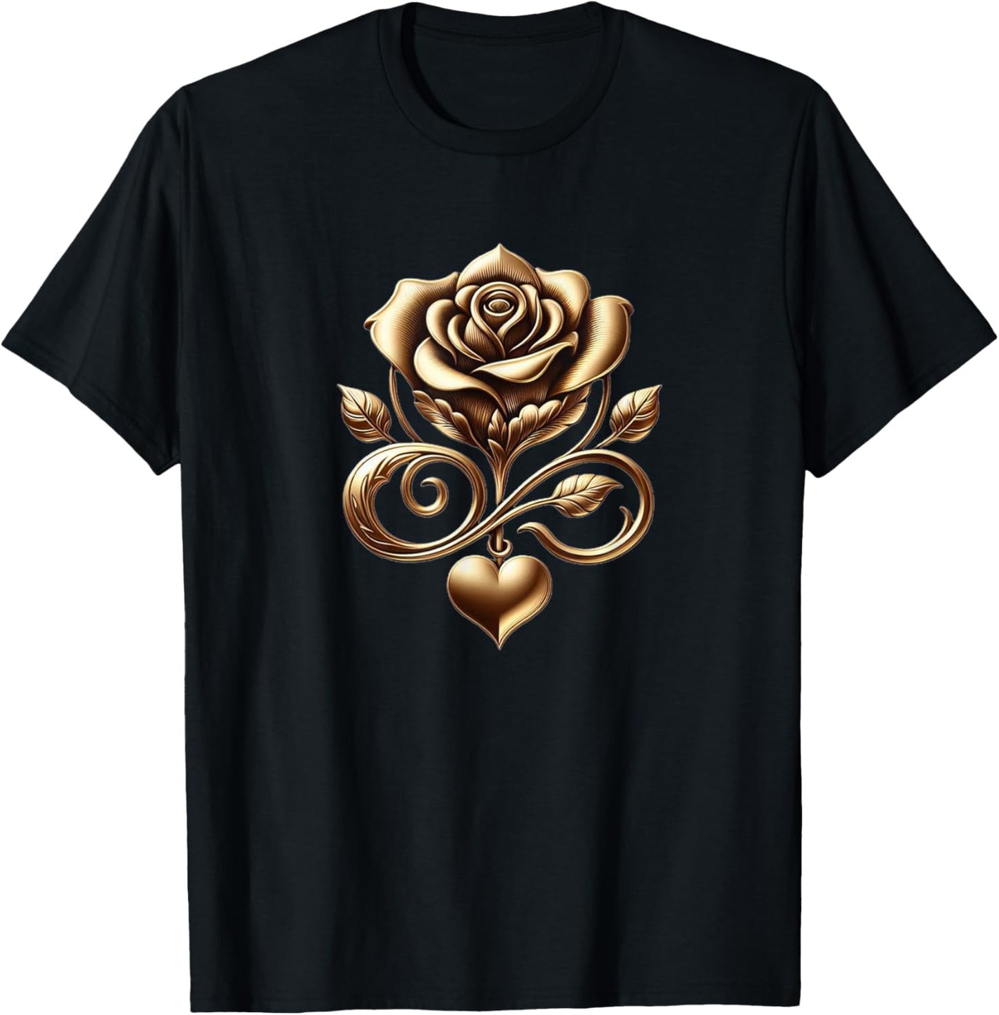 Very Cute Gold Rose Flower With A Golden Heart T-Shirt - T-Shirt | Black