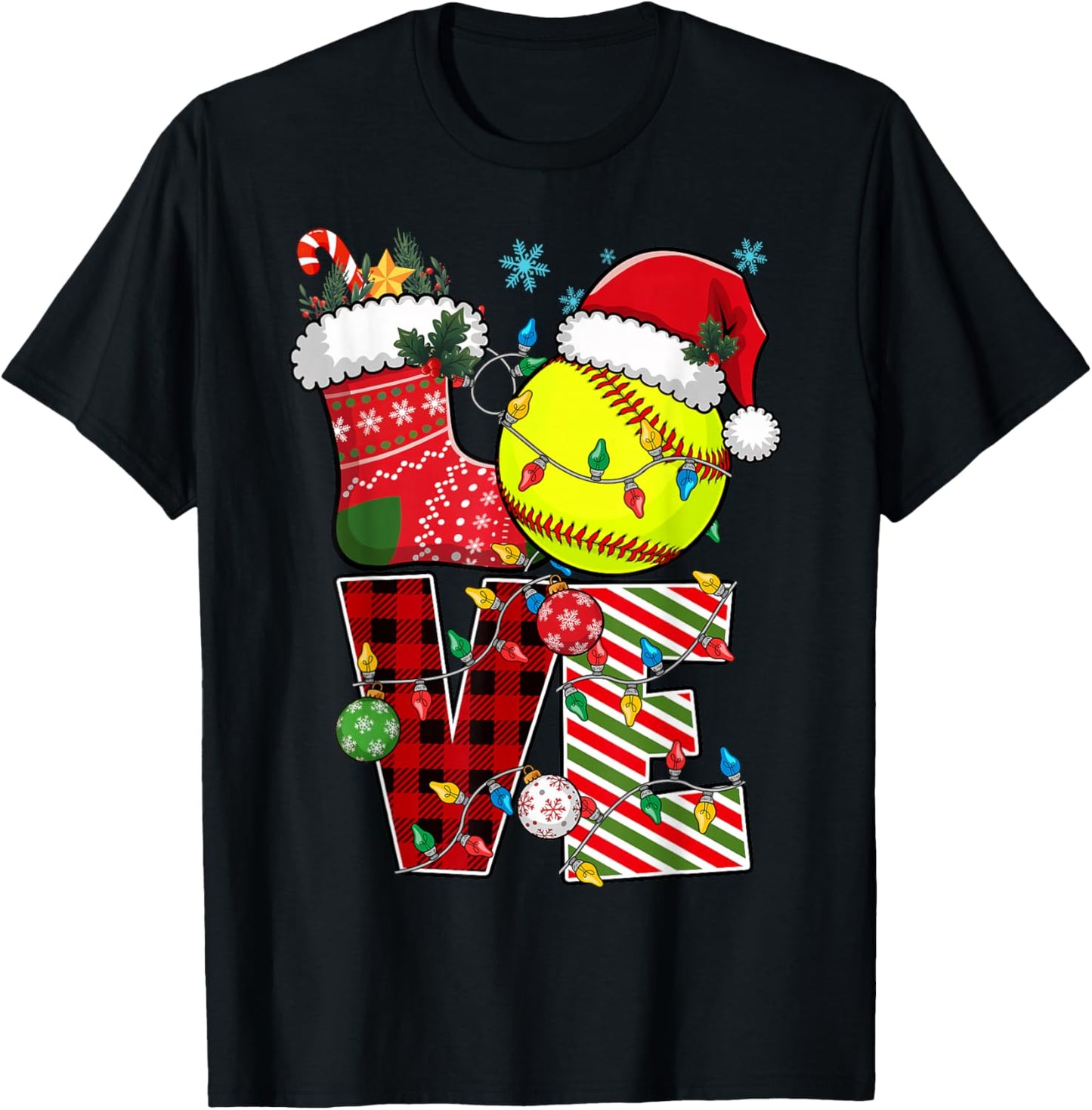 Love Softball Christmas Santa Hat Softball Plaid Color Xmas T-Shirt - T-Shirt | Black
