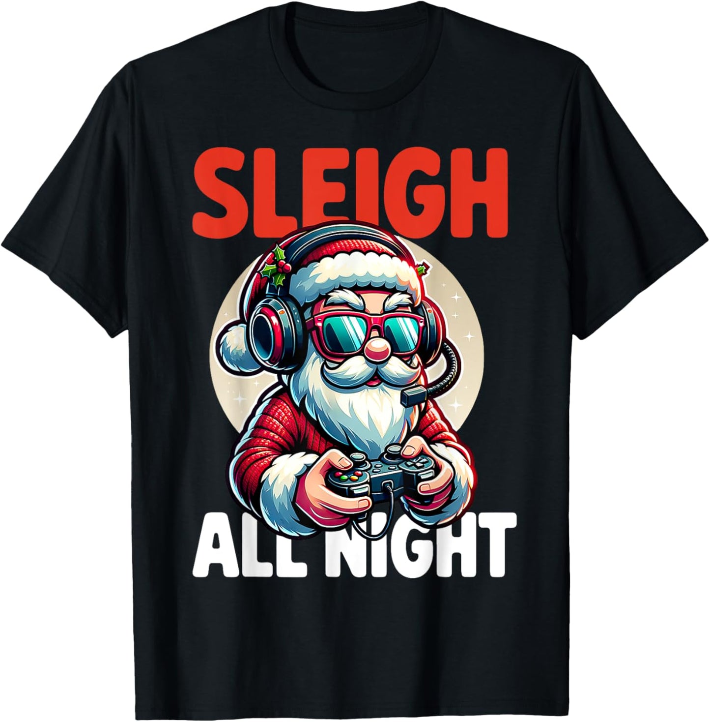 Christmas Gamer Boys Sleigh All Night Video Game Santa Xmas T-Shirt - T-Shirt | Black