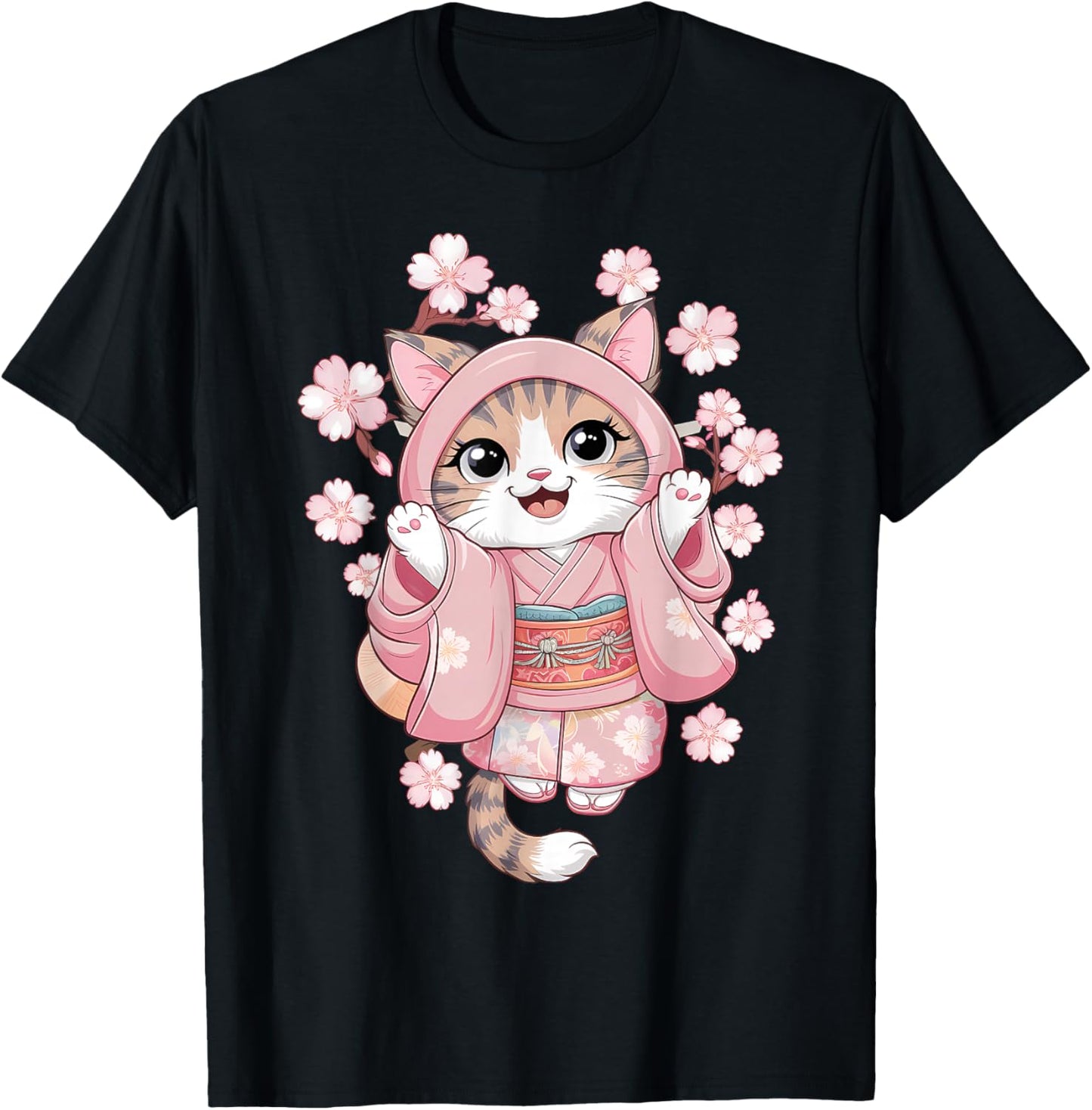 Cherry Blossom Japanese Anime Kawaii Cat Kimono Dress T-Shirt - T-Shirt | Black